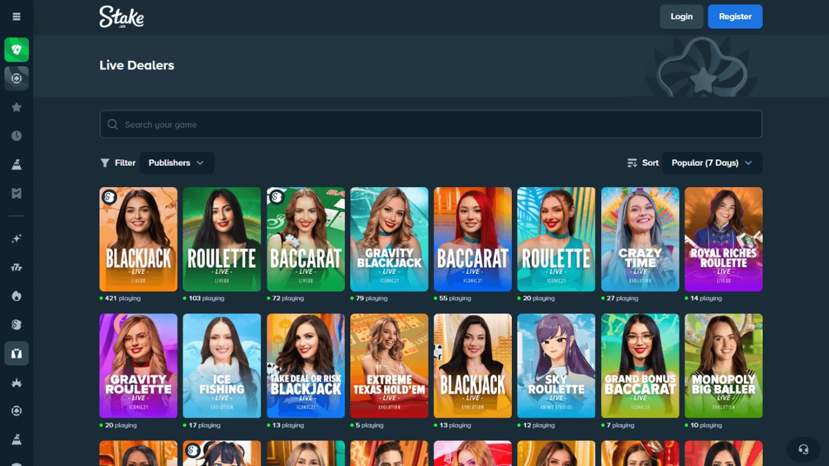 Stake.us live casino showing blackjack, roulette, and baccarat games.